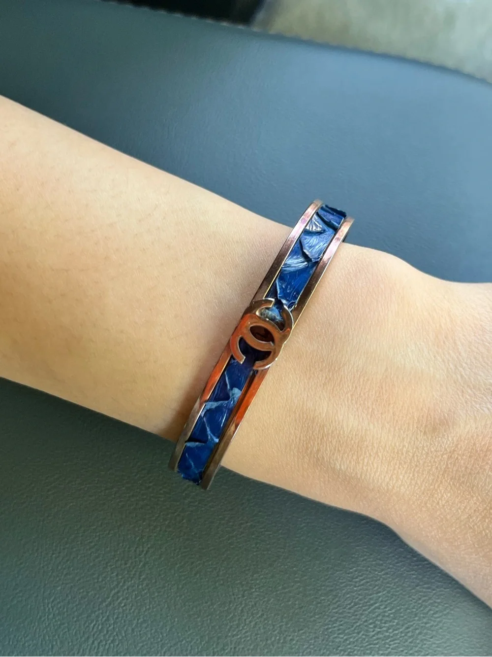 1970S Chanel Interlocking CC Cuff Bracelet Blue Snakeskin RARE Vintage